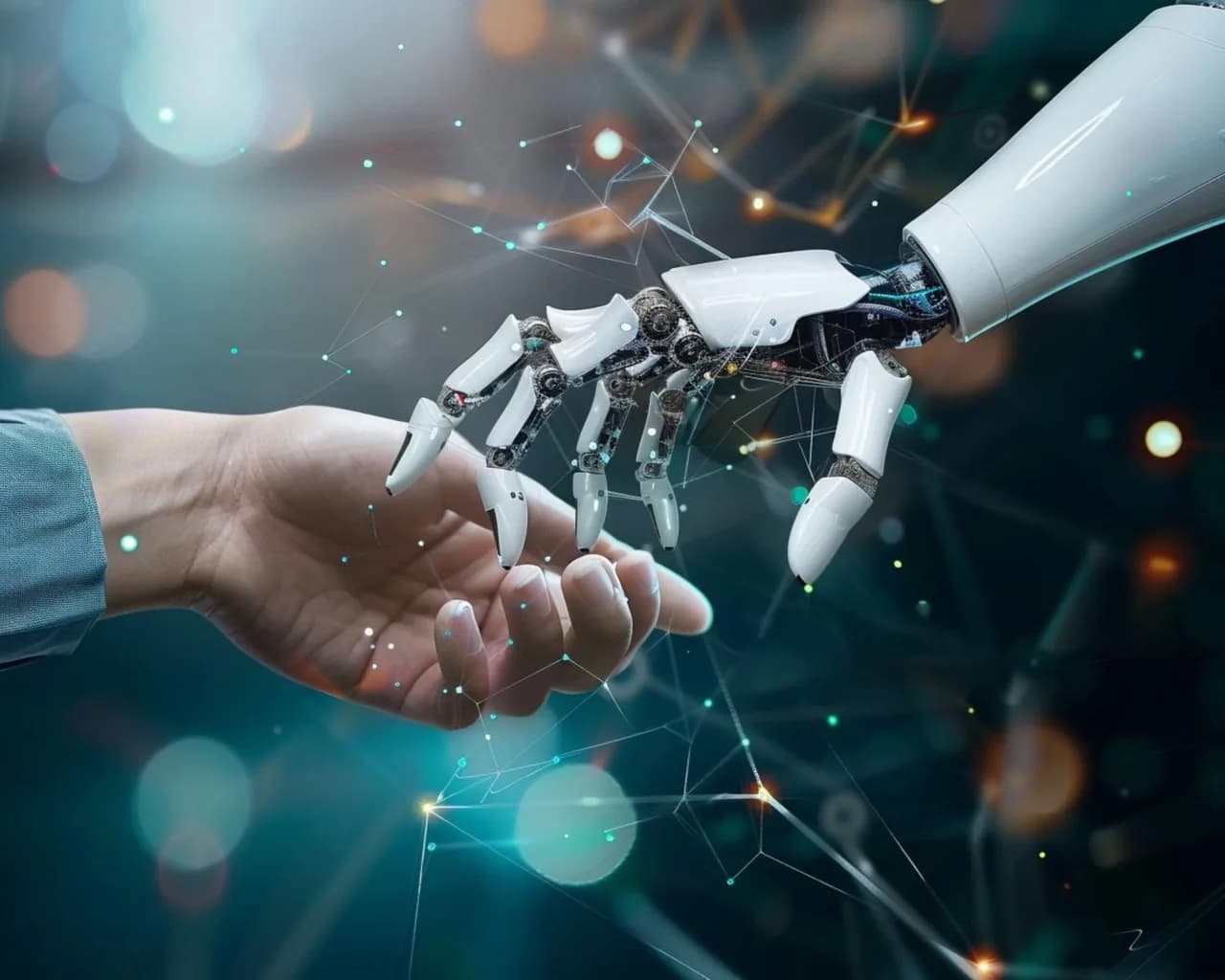 Mano humana y mano robótica a punto de tocarse sobre una red de datos conectados