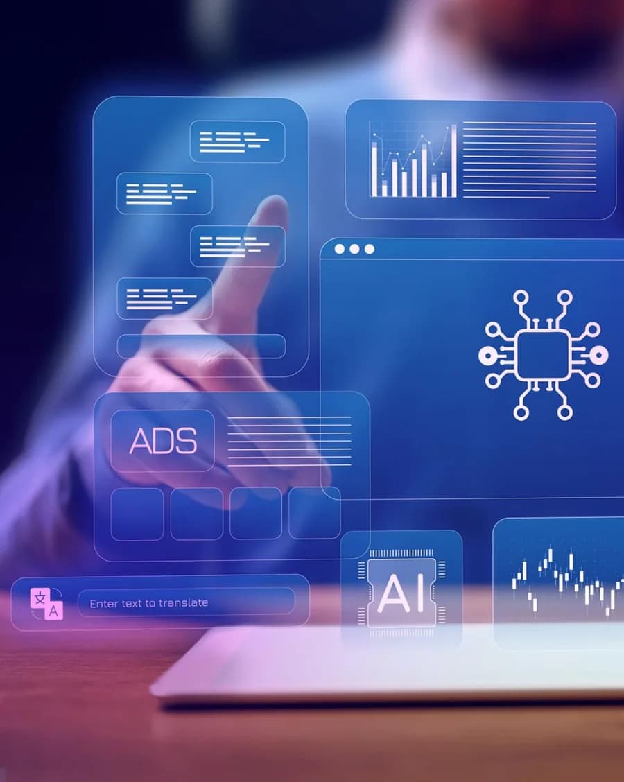 Persona interactuando con paneles de datos, indicadores y módulos de inteligencia artificial