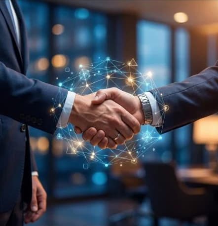 Apretón de manos entre dos ejecutivos sobre una red de datos conectados